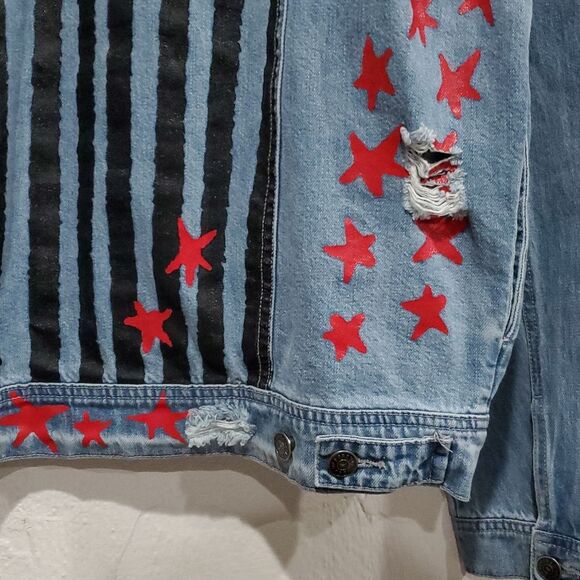 DC Birds of Prey Harley Quinn Denim Jacket with Caution Tape and Flag Detail - Picture 8 of 15